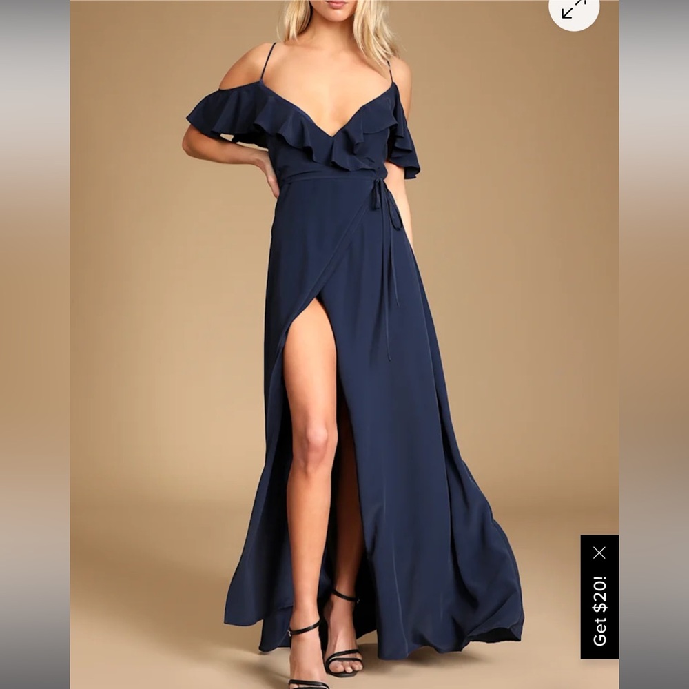 BRAND NEW -Lulu’s Sunny Perfection Navy Blue Ruffled Off-the-Shoulder Wrap Dress